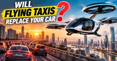 Electric flying taxi hovering above a modern city skyline, illustrating the future of urban air mobility and eVTOL transportation.