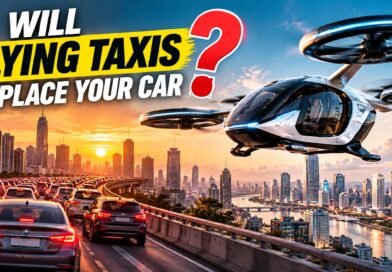Electric flying taxi hovering above a modern city skyline, illustrating the future of urban air mobility and eVTOL transportation.