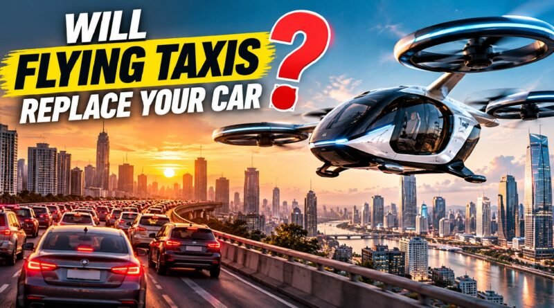 Electric flying taxi hovering above a modern city skyline, illustrating the future of urban air mobility and eVTOL transportation.